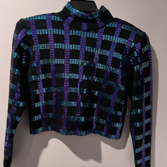 Vintage St. Johns Collection 80% Wool Purple & Green Cropped Shiny Sweater - Picture 1 of 1